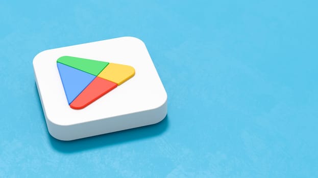 Google Play Store App 2022 Icon on Plastered Blue Background with Copy Space 3D Render Illustration