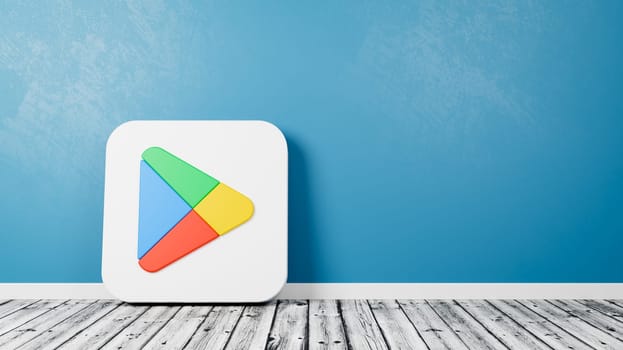 Google Play Store App 2022 Icon 3D Symbol Shape on Wooden Floor Against a Blue Wall with Copy Space 3D Render Illustration