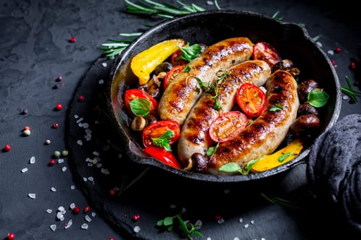 Grilled sausages and vegetables with herbs in iron pan on black background