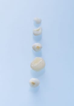 Primary teeth on blue background. Baby teeth, concept of dental care and hygiene