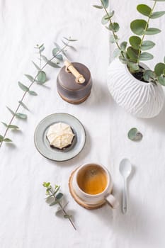 Coffee break - cup of coffee with sweet cake or cookie