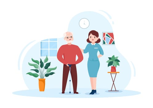 Elderly Care Services Hand Drawn Cartoon Flat Illustration with Caregiver, Nursing Home, Assisted Living and Support Design