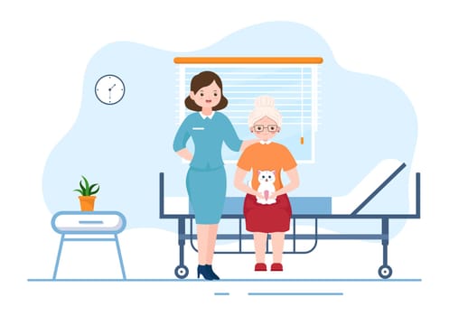 Elderly Care Services Hand Drawn Cartoon Flat Illustration with Caregiver, Nursing Home, Assisted Living and Support Design
