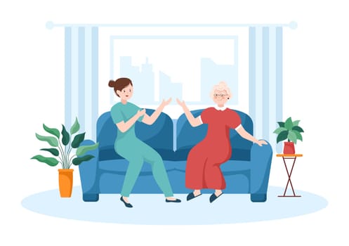Elderly Care Services Hand Drawn Cartoon Flat Illustration with Caregiver, Nursing Home, Assisted Living and Support Design