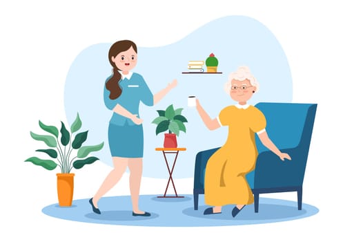 Elderly Care Services Hand Drawn Cartoon Flat Illustration with Caregiver, Nursing Home, Assisted Living and Support Design