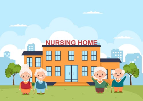 Elderly Care Services Hand Drawn Cartoon Flat Illustration with Caregiver, Nursing Home, Assisted Living and Support Design