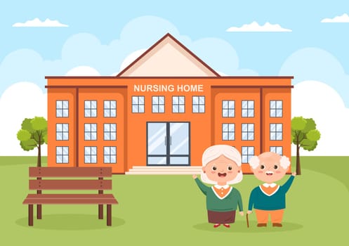 Elderly Care Services Hand Drawn Cartoon Flat Illustration with Caregiver, Nursing Home, Assisted Living and Support Design
