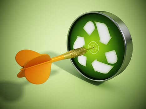 Dart needle hit at the center of target with recycle symbol. 3D illustration.
