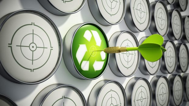 Green dart needle hit at the center of the target with recycle symbol. 3D illustration.