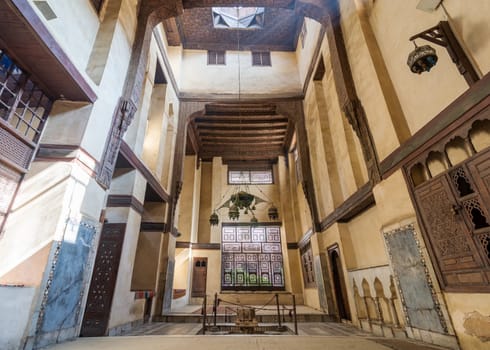 Room at El Sehemy house, an old Ottoman era historic house in Islamic Cairo, built in 1648 with Interleaved wooden window (Mashrabiya) and fountain, Cairo, Egypt