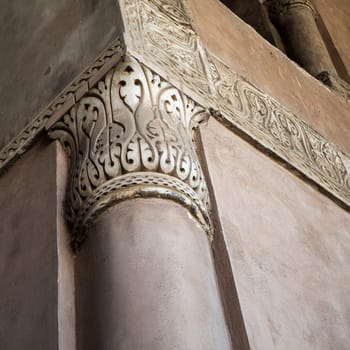 Close up of decorative column capital at Ibn Tulun historic public mosque, Cairo, Egypt