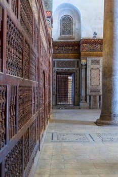 Interior view of decorated marble walls surrounding the cenotaph in the mausoleum of Sultan Qalawun, part of Sultan Qalawun Complex, located in Al Moez Street, Old Cairo, Egypt