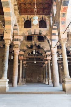 Corridor surrounding the courtyard of the public historical Mosque of al Sultan al Nasir Muhammad Ibn Qalawun situated in the Citadel of Cairo in Egypt