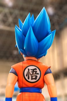 chiba, japan - december 22 2018: Huge inflatable structure of the back of Son Goku character from the anime and manga serie of Dragon Ball floating under the ceiling of the anime convention Jump Festa
