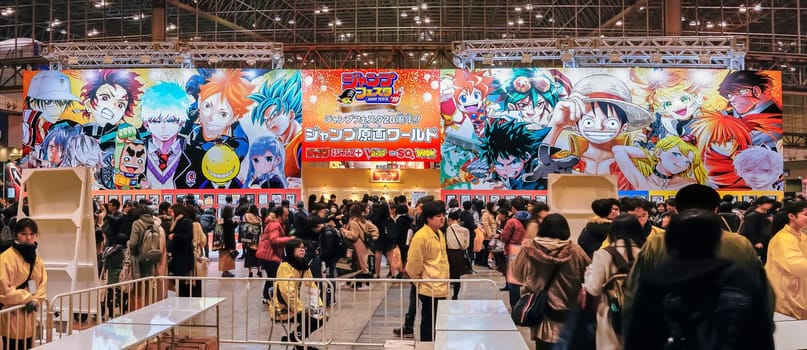 chiba, japan - december 22 2018: Panorama view of the entrance of the annual convention Jump Festa 19 related to Japanese Manga and Anime series, films, games, and merchandise held in Makuhari Messe