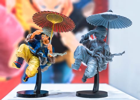 chiba, japan - december 22 2018: Original raw and painted plastic model figure depicting the character Son Goku of the manga and anime series of Dragon Ball during the convention Jump Festa 19.