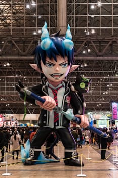 chiba, japan - december 22 2018: Huge inflatable structure of the character Rin Okumura from the anime and manga serie of Blue Exorcist floating under the ceiling of the anime convention Jump Festa