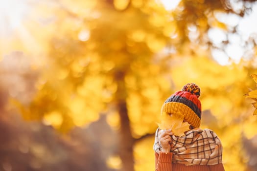 Happy child hiding his eyes behind the maple leaves. Beautiful view of the autumnal background.
