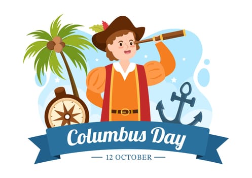 Happy Columbus Day National Holiday Hand Drawn Cartoon Illustration with Blue Waves, Compass, Ship and USA Flags in Flat Style Background