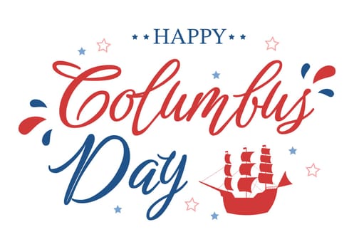 Happy Columbus Day National Holiday Hand Drawn Cartoon Illustration with Blue Waves, Compass, Ship and USA Flags in Flat Style Background