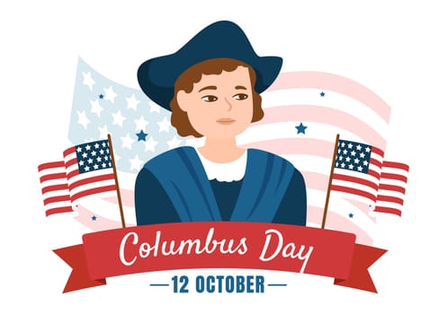 Happy Columbus Day National Holiday Hand Drawn Cartoon Illustration with Blue Waves, Compass, Ship and USA Flags in Flat Style Background