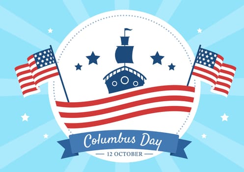 Happy Columbus Day National Holiday Hand Drawn Cartoon Illustration with Blue Waves, Compass, Ship and USA Flags in Flat Style Background