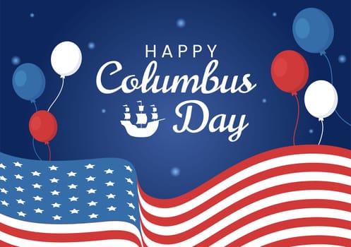 Happy Columbus Day National Holiday Hand Drawn Cartoon Illustration with Blue Waves, Compass, Ship and USA Flags in Flat Style Background