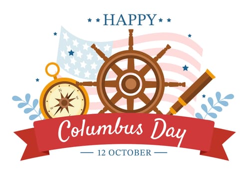Happy Columbus Day National Holiday Hand Drawn Cartoon Illustration with Blue Waves, Compass, Ship and USA Flags in Flat Style Background