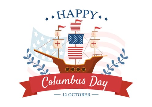 Happy Columbus Day National Holiday Hand Drawn Cartoon Illustration with Blue Waves, Compass, Ship and USA Flags in Flat Style Background