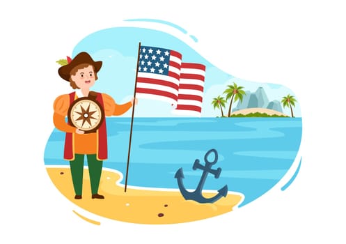 Happy Columbus Day National Holiday Hand Drawn Cartoon Illustration with Blue Waves, Compass, Ship and USA Flags in Flat Style Background