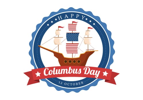 Happy Columbus Day National Holiday Hand Drawn Cartoon Illustration with Blue Waves, Compass, Ship and USA Flags in Flat Style Background