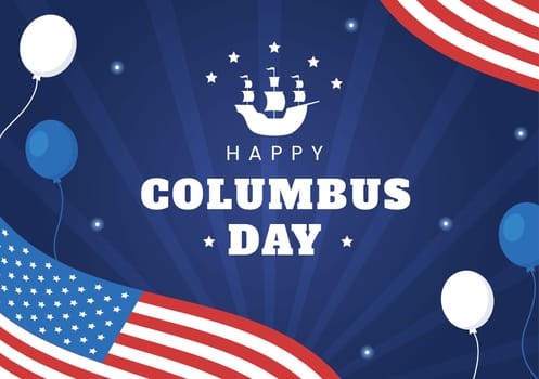 Happy Columbus Day National Holiday Hand Drawn Cartoon Illustration with Blue Waves, Compass, Ship and USA Flags in Flat Style Background