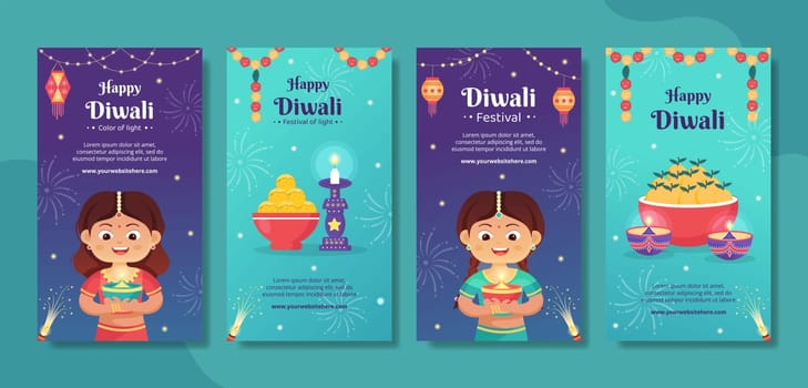 Indian Celebrating Diwali Day Social Media Stories Template Hand Drawn Cartoon Flat Illustration