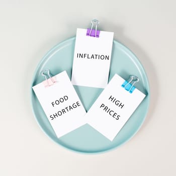 Plate with messages on paper, inflation, food shortage and high prices, increasing living expenses and poverty, financial crisis