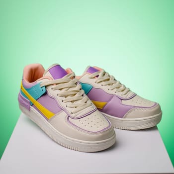 Close up of fashionable colored sneakers for teenage girls on green background. White sports shoes with laces and with yellow, turquoise and purple inserts stand on white box.