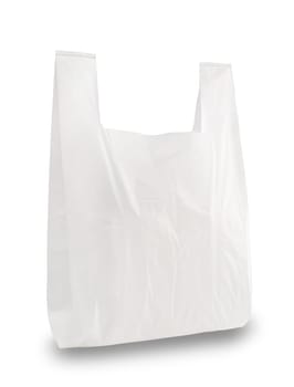 Plastic grocery bag. Close up of empty white plastic bag with space for your logo. Isolated on white background. Disposable plastic bag with handles.