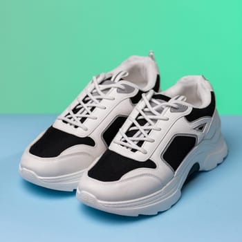 Close up of black and white fashionable sneakers on blue and green background. Sneakers are very popular among teenagers or women because of their simple and fashionable appearance. Copy space.