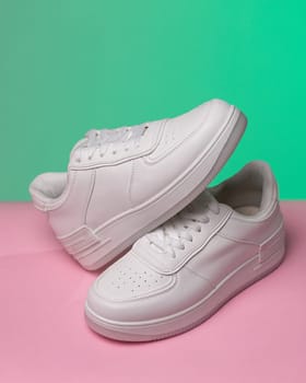 Promotional photo of pair of new white women's or teen sneakers on colored background. Close up of fashionable sneakers standing on green and pink background. Seasonal sales and discounts on shoes.