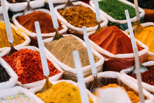 Close View Of Masala Curry, Bright Colors Fragrant Seasoning, Condiment In Bags On Local Food Market, Bazaar.