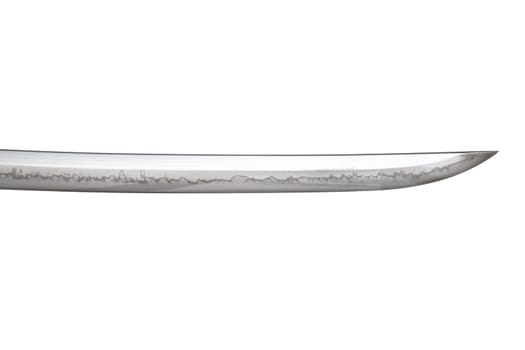 Japanese sword blade (made in China) on white background. Soft focus. The wavy pattern on the blade edge is a line of hardness that a blacksmith makes so that the blade doesn't break.