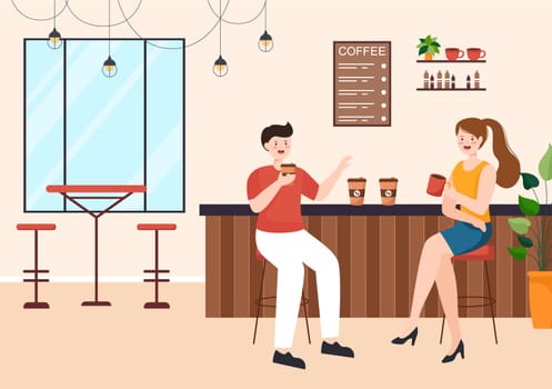 International Coffee Day on October 1st Flat Cartoon Illustration Hand Drawn with Cocoa Beans and People Drinking a Cup in Cafe