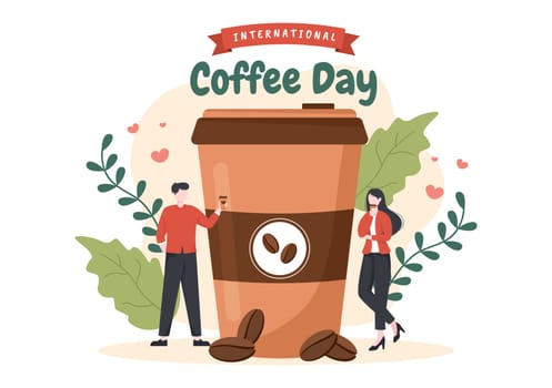 International Coffee Day on October 1st Flat Cartoon Illustration Hand Drawn with Cocoa Beans and People Drinking a Cup in Cafe