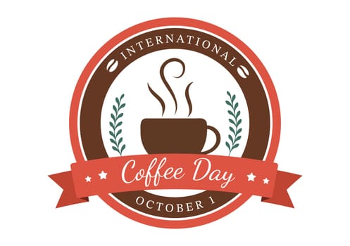 International Coffee Day on 1st October Hand Drawn Cartoon Flat Illustration with Cacao Beans and a Glass of Hot Drink Design