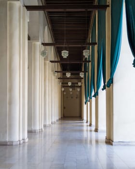 Corridor surrounding the courtyard of public historic Al Hakim Mosque known as The Enlightened Mosque, located in Moez Street, south of the old door of old Cairo gate named Bab Al-Futuh, Egypt