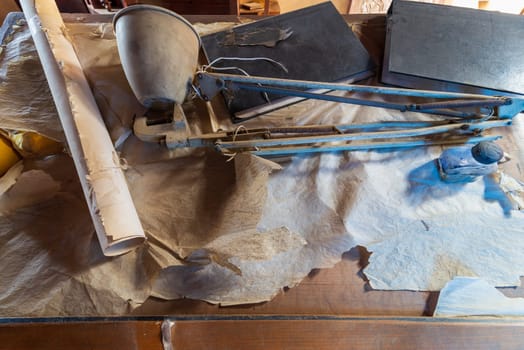 Cairo, Egypt - January 8 2019: Drawing board of late architect Hassan Fathy, Egypt's best-known architect at his architecture studio, located at ottoman era historic House of Egyptian Architecture