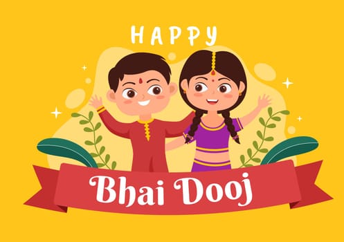 Happy Bhai Dooj Indian Festival Celebration Hand Drawn Cartoon Illustration of Sisters Pray for Brothers Protection with a Dot on His Forehead