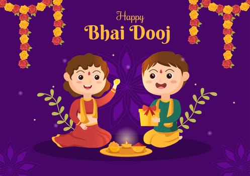 Happy Bhai Dooj Indian Festival Celebration Hand Drawn Cartoon Illustration of Sisters Pray for Brothers Protection with a Dot on His Forehead