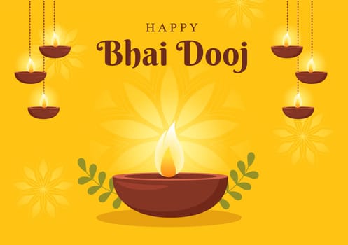 Happy Bhai Dooj Indian Festival Celebration Hand Drawn Cartoon Illustration of Sisters Pray for Brothers Protection with a Dot on His Forehead