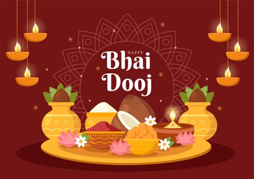 Happy Bhai Dooj Indian Festival Celebration Hand Drawn Cartoon Illustration of Sisters Pray for Brothers Protection with a Dot on His Forehead