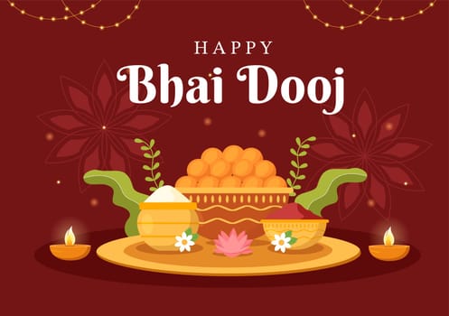 Happy Bhai Dooj Indian Festival Celebration Hand Drawn Cartoon Illustration of Sisters Pray for Brothers Protection with a Dot on His Forehead